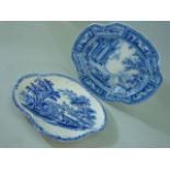 Blue and White pearlware trinket dish depicting a farming scene along with one other