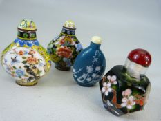 Group of four snuff bottles. Two with red character marks decorated with hand painted enamel over
