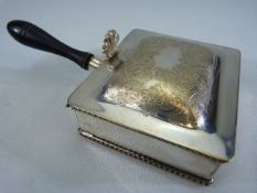 Silverplated cigar box with ebony handle along with a cigarette holder and two cigar cutters one