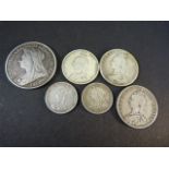 Six Silver Coins to include 1899 Old Head Crown