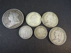 Six Silver Coins to include 1899 Old Head Crown