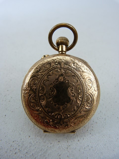 Ladies Gold coloured pocket watch (winds and runs) stamped 14k to inner case - Image 3 of 5