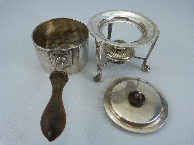 Silverplated Brandy Warmer/ Sauce warmer on trivet. Trivet with claw feet and original burner - Image 6 of 8