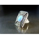 Silver Art Deco style ring set with CZ Sapphire and a central Opal Panel
