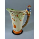 Art Deco Myott and Sons Fruit picker jug, the handle formed of a boy sat on a branch