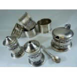 Hallmarked silver napkin rings x 3 along with one other and three other pots