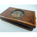19th century walnut inlaid magnifying box - the copper lock marked C.J with a clover.