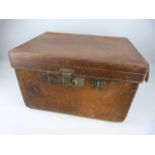 Unusual leather travel trunk of box form. Impressed to top Captn C.C Newnham VIth Bengal Cavalry.