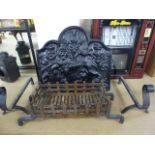 Antique style fire back with dog grate and fire dogs