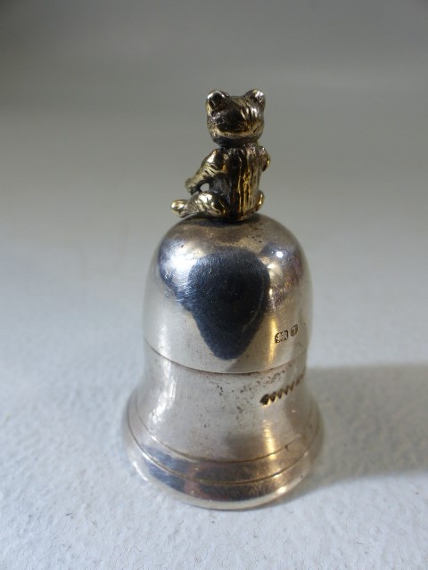 Hallmarked silver trinket piece in the form of a bell with bear on top. Birmingham, Harman Brothers - Image 3 of 4