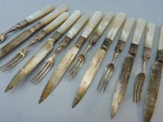 Six piece setting of hallmarked silver banded and mother of Pearl handled fruit knives and Forks