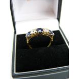 Sapphire and Diamond ring: Three good quality Sapphires and two old Brilliant cut diamonds (approx
