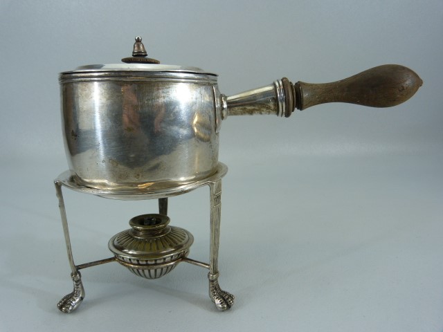 Silverplated Brandy Warmer/ Sauce warmer on trivet. Trivet with claw feet and original burner