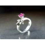 White Gold Ruby & Diamond ring, the Ruby set as a flower with Diamond leaves