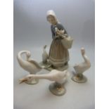 Lladro: Girl with three Geese and Three individual Geese