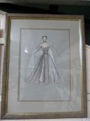 Fashion pencil and chalk framed sheet depicting a lady in a dress