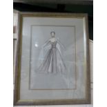 Fashion pencil and chalk framed sheet depicting a lady in a dress