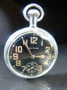 Waltham nickel cased crown wind military issue open face pocket watch, the black dial with Arabic