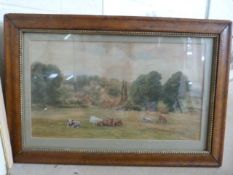 Antique Watercolour of Cattle in field upon a hillside. Signature indistinct W Isbell? Mounted in