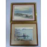 Unusual oil and watercolour painting of a beach scene with boat (signature indistinct)