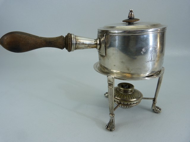 Silverplated Brandy Warmer/ Sauce warmer on trivet. Trivet with claw feet and original burner - Image 8 of 8