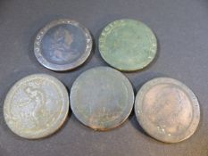 Five Cartwheel George III pennies. All Worn.