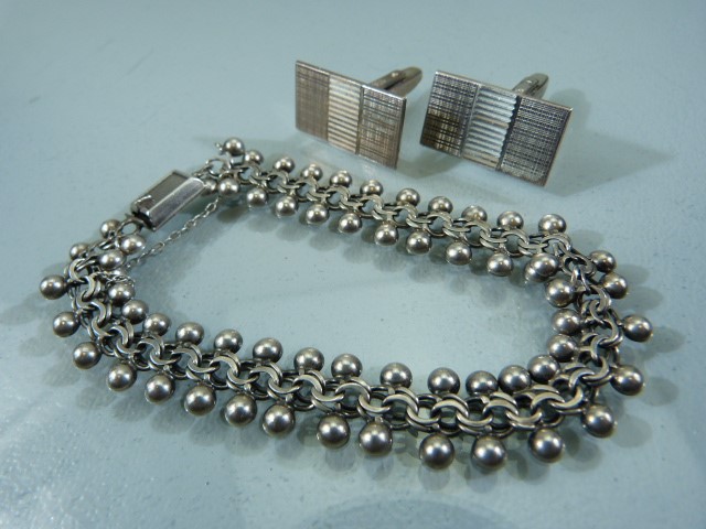 Foreign hallmarked silver ball and chain link bracelet - poss scottish. Along with a pair of