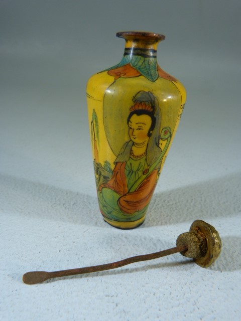 Unusual Oriental snuff bottle of enamel over metal. Tapering cylindrical body depicting a seated - Image 4 of 8