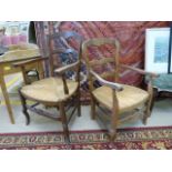 Near pair of rush seated bedroom chairs with shaped splats