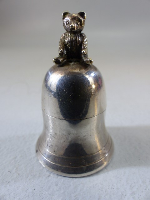 Hallmarked silver trinket piece in the form of a bell with bear on top. Birmingham, Harman Brothers