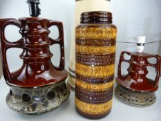 Two similar West German pottery lamp bases and a West German Pottery vase