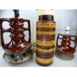 Two similar West German pottery lamp bases and a West German Pottery vase