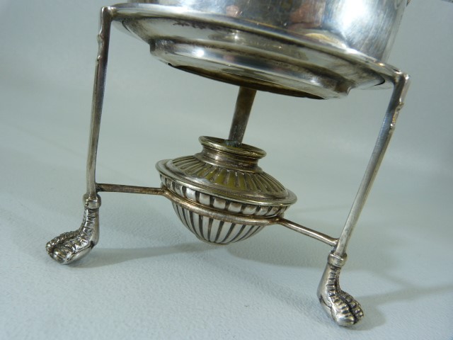 Silverplated Brandy Warmer/ Sauce warmer on trivet. Trivet with claw feet and original burner - Image 3 of 8