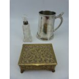 Unusual brass pressed box, Nauticalia Tankark and a Silver topped perfume bottle