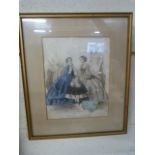 Antique French fashion etching depicting two ladies and a child with doll