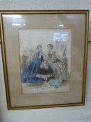 Antique French fashion etching depicting two ladies and a child with doll