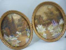 19th Century needlework silks depicting floral gardens in oval gilt frames