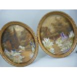 19th Century needlework silks depicting floral gardens in oval gilt frames