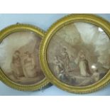 Circular Gilt wood and gesso frames with aquatints