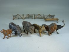 Six vintage lead animals to include Lion, Buffalo, Rhino, Monkey & Emu (all A/F) also with four lead