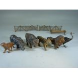 Six vintage lead animals to include Lion, Buffalo, Rhino, Monkey & Emu (all A/F) also with four lead