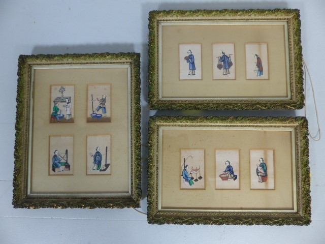 Oriental silk paintings. - Three framed sets of silk paintings depicting oriental people at work.