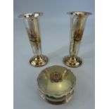 Mappin and Webb trinket pot mounted with gold coloured crest along with two similar candle sticks