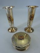 Mappin and Webb trinket pot mounted with gold coloured crest along with two similar candle sticks