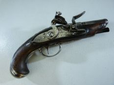 Flintlock pistol: A cannon barrel flintlock pistol with ram rod and flint and silver metal fittings,