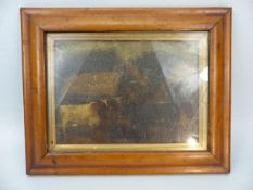 19th Century picture on board in a Birds eye maple frame