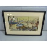 Rennie - Signed painting of boats in a harbour scene