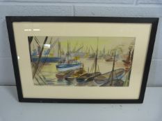 Rennie - Signed painting of boats in a harbour scene