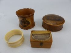 Mauchline Ware - Napkin Ring depicting a Lady, Flat Lidded pot (The Esplanade, Clevedon) Trinket box