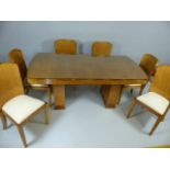 Light Birds eye Maple Art Deco dining table with six matching chairs upholstered in suede, glass top